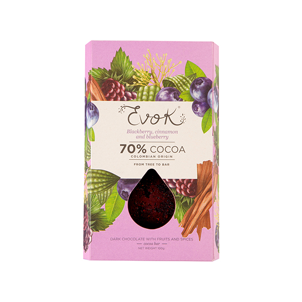 70% Cocoa bar with blackberry cinnamon and blueberry - Evok